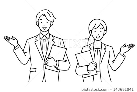 一幅商業插圖,描繪了一位微笑的男女辦公室工作人員正在指引方向。 一幅商業插圖,描繪了一位微笑的男女辦公室工作人員正在指引方向。 143691841