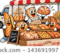 Smiling bakery characters selling fresh bread at market stall 143691997