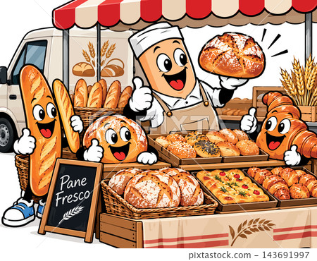 Smiling bakery characters selling fresh bread at market stall Smiling bakery characters selling fresh bread at market stall 143691997