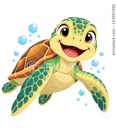 Happy baby sea turtle swimming with bubbles underwater Happy baby sea turtle swimming with bubbles underwater 143691998