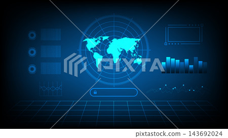 Global digital radar HUD screen with world map, charts, analytics and security technology background 143692024
