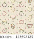 Cute Thai Tropical Fruit Cross Stitch Pattern Mangosteen Durian Rambutan Mango Coconut Watermelon Outline on Cream Linen Seamless Vector 143692125