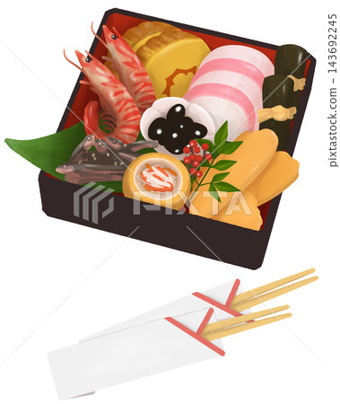 用筷子擺放禦節料理（日本新年食物）的簡單圖示。 143692245