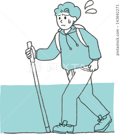A two-color, hand-drawn, stylized illustration of a man struggling to evacuate a flooded road that is submerged up to his knees. (Flood, heavy rain, danger) 143692271