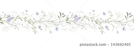 Hand painted watercolor wide horizontal floral border of purple and blue wildflowers with Queen Anne lace umbels and tiny berries on green stems, elongated strip isolated on white background. Hand painted watercolor wide horizontal floral border of purple and blue wildflowers with Queen Anne lace umbels and tiny berries on green stems, elongated strip isolated on white background. 143692495