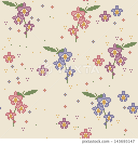 Cute Hanging Orchid Cross Stitch Pattern Plum Pink Purple Orchid Flowers on Cream Linen Seamless Vector Cute Hanging Orchid Cross Stitch Pattern Plum Pink Purple Orchid Flowers on Cream Linen Seamless Vector 143693147