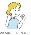 An illustration of a woman in a polo shirt making a victory pose. 143693488