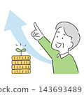 An illustration of a man with more money pointing upwards. 143693489