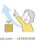 An illustration of a woman pointing upwards as her money increases. 143693490
