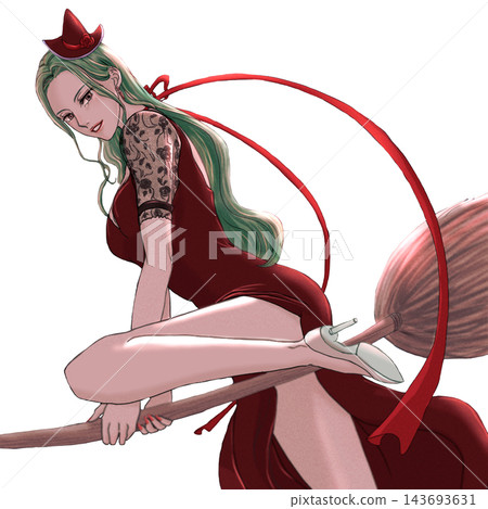 一位裝扮成女巫的女子騎著掃帚(白色背景) 一位裝扮成女巫的女子騎著掃帚(白色背景) 143693631