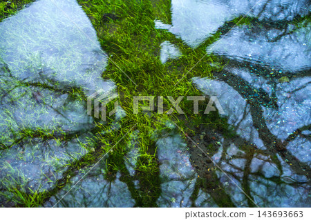 綠樹成蔭、藍天白雲的自然景色倒映在水面上。 綠樹成蔭、藍天白雲的自然景色倒映在水面上。 143693663