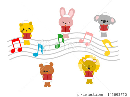 A cute illustration of animals (koala, lion, rabbit, bear, cat) singing in a chorus while holding sheet music. 143693750