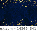 Gold foil frame, navy blue background with fluid marble pattern 143694641