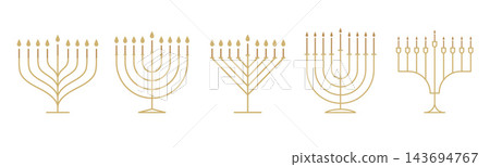 Collection of gold Hanukkah menorahs with burning candles. Festive Jewish holiday golden vector Collection of gold Hanukkah menorahs with burning candles. Festive Jewish holiday golden vector 143694767