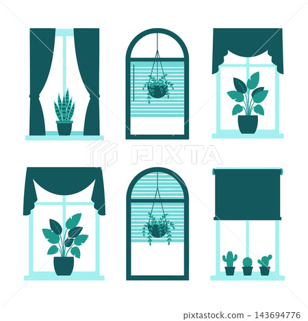 Set of windows with plants and curtains for home decor 143694776
