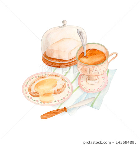 Hand drawn watercolor breakfast with butter dish, bread, honey toast, vintage teacup and knife. Isolated pastel food illustration for cookbooks, recipe cards, cafe menus, packaging and kitchen decor. 143694893