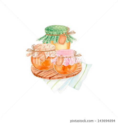 Hand drawn watercolor illustration of three honey jars with fabric covers, twine and tags on a wooden board and striped kitchen towel. Isolated pastel food art for packaging, labels and branding. Hand drawn watercolor illustration of three honey jars with fabric covers, twine and tags on a wooden board and striped kitchen towel. Isolated pastel food art for packaging, labels and branding. 143694894