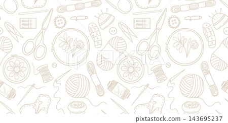 Seamless pattern featuring knitting, sewing, and embroidery elements 143695237