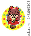 A cute illustration of a girl and a teddy bear at Christmas. 143695305