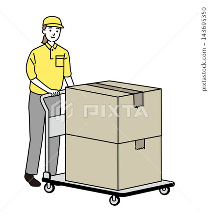 A young delivery staff member carrying cardboard boxes on a hand truck. 143695350