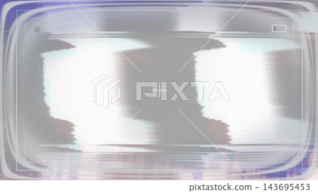 Abstract glitch camera viewfinder frame with crosshair, battery icon and distorted gray and white horizontal shapes with purple edges 143695453