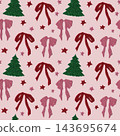 Christmas seamless pattern with glitter ribbons, stars and fir trees isolated on light pink background. Festive red, green and pink collage. 143695674