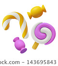 Colorful candy 3d clay icons with twisted candy cane, wrapped sweet and spiral lollipop 143695843