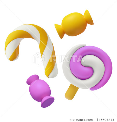Colorful candy 3d clay icons with twisted candy cane, wrapped sweet and spiral lollipop 143695843