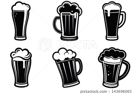 Set of Classic Beer Mug with Foam Black and White Vector Illustration 143696065