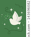 A white dove holding a sprig of mistletoe in its beak. 143696082