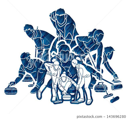 Curling Sport Team Male and Female Players Mix Action Cartoon Graphic Curling Sport Team Male and Female Players Mix Action Cartoon Graphic 143696280