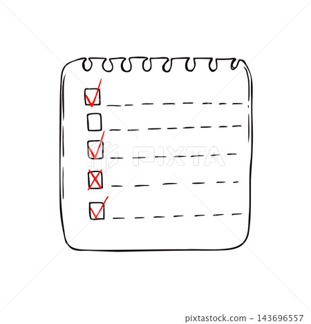 Spiral checklist with red checkmarks and cross line art black ink sketch. Scheduling and appointment planning. Task management, organization and productivity design. For business presentation, project Spiral checklist with red checkmarks and cross line art black ink sketch. Scheduling and appointment planning. Task management, organization and productivity design. For business presentation, project 143696557
