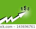 White rising arrow pointing to dollar symbols on green halftone design representing financial growth profit increase and investment success. 143696761