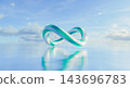 3d Abstract futuristic infinity loop symbol floating over bright sky and water surface. green AI and sustainability concept. 143696783