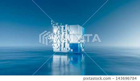3d Abstract futuristic blue cube data block floating on water surface. AI, big data, blockchain technology concept. 3d Abstract futuristic blue cube data block floating on water surface. AI, big data, blockchain technology concept. 143696784