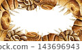 Watercolor pastry buns, breads and croissants horizontal frame for breakfast and coffee break designs. Hand drawn bakery template with blank copy space for cafe menus, posters, flyers and labels 143696943