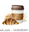 Coffee cup with chocolate croissant and waffle watercolor illustration isolated on white background for breakfast designs, cafe, restaurant menus. Fall food in hand drawn realistic style 143696947
