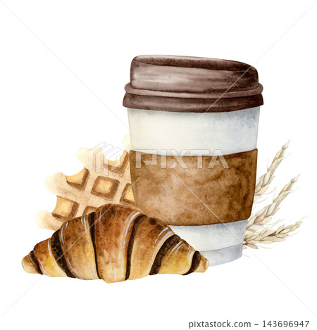Coffee cup with chocolate croissant and waffle watercolor illustration isolated on white background for breakfast designs, cafe, restaurant menus. Fall food in hand drawn realistic style Coffee cup with chocolate croissant and waffle watercolor illustration isolated on white background for breakfast designs, cafe, restaurant menus. Fall food in hand drawn realistic style 143696947