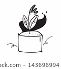 A black and white illustration of a potted plant with leaves growing out of it 143696994