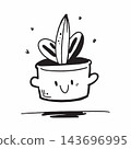 A cartoon style potted plant with a face drawing in black and white 143696995