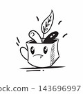 Illustration of a cup with a plant growing, black and white, on a rectangle 143696997