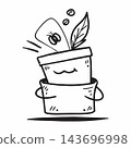 Cartoon black and white hand-drawn pot with plant growing out of it 143696998