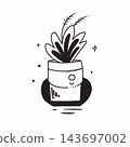 Monochrome art of a potted plant with intricate details and fluid gesture 143697002