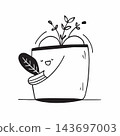 Monochrome art of a potted plant with intricate details and fluid gesture 143697003