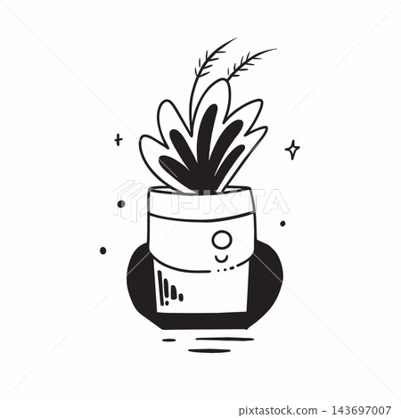 Monochrome artwork of a potted plant, with liquid pouring from a finger gesture Monochrome artwork of a potted plant, with liquid pouring from a finger gesture 143697007