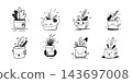 Set of line art illustrations of happy houseplants in flowerpots 143697008