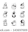 Set of monochrome potted plants in line art style on white background 143697009