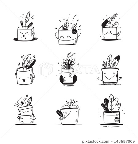 Set of monochrome potted plants in line art style on white background 143697009