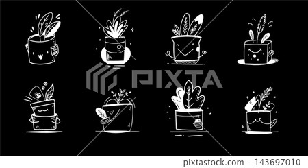 Set of line art illustrations of happy houseplants in flowerpots Set of line art illustrations of happy houseplants in flowerpots 143697010