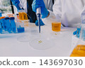 Medical or scientific researcher or man doctor looking at a test tube of clear solution in a laboratory 143697030